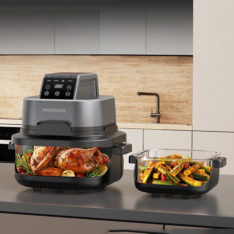 Porodo Lifestyle 4-in-1 Dual-Pot Glass Air Fryer for Bake, Crisp, Recrisp, Fry, 1.5L Small Pot Capacity, 4L Large Pot Capacity, UK 3-Pin Plug Power Cord, Health-Conscious Glass Design, Intelligent Pause Mode, 360° Turbo Heat Technology - Black