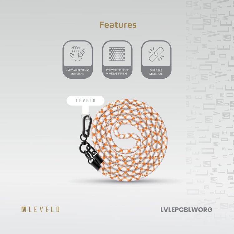 Levelo Everly Phone Crossbody Lanyard, 1.2m, Polyester Fiber, Metal Finish, Lightweight, Durable Material, Adjustable Straps, Universal Compatibility, Hypoallergenic Material - Orange / White