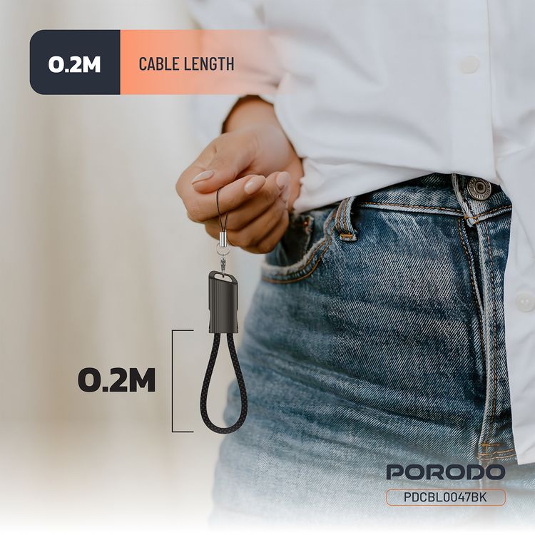 Porodo Chargeloop Keychain USB-C to USB-C Data Cable with 60W PD Output, 480Mbps Data Transfer Rate, 20cm Cable Length, Durable Zinc Alloy & Nylon Braided Material, High-Speed Charging, Compact Design - Black