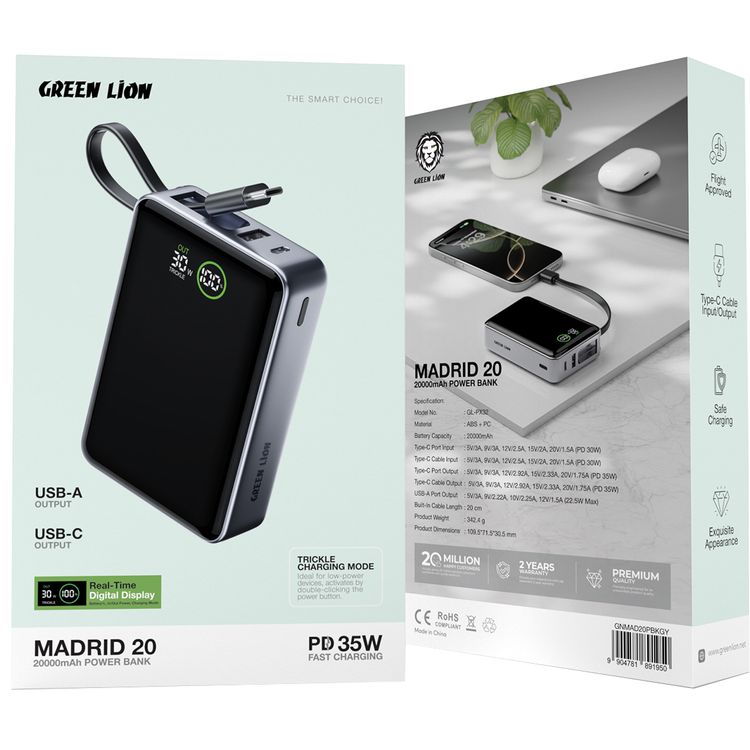 Green Lion Madrid 20 Power Bank 20000mAh with Built-in 20cm Type-C Cable, 35W Power Delivery, Real-Time Digital Display, 22.5W USB-A Output, Trickle Charging Mode, Safe Charging - Gray