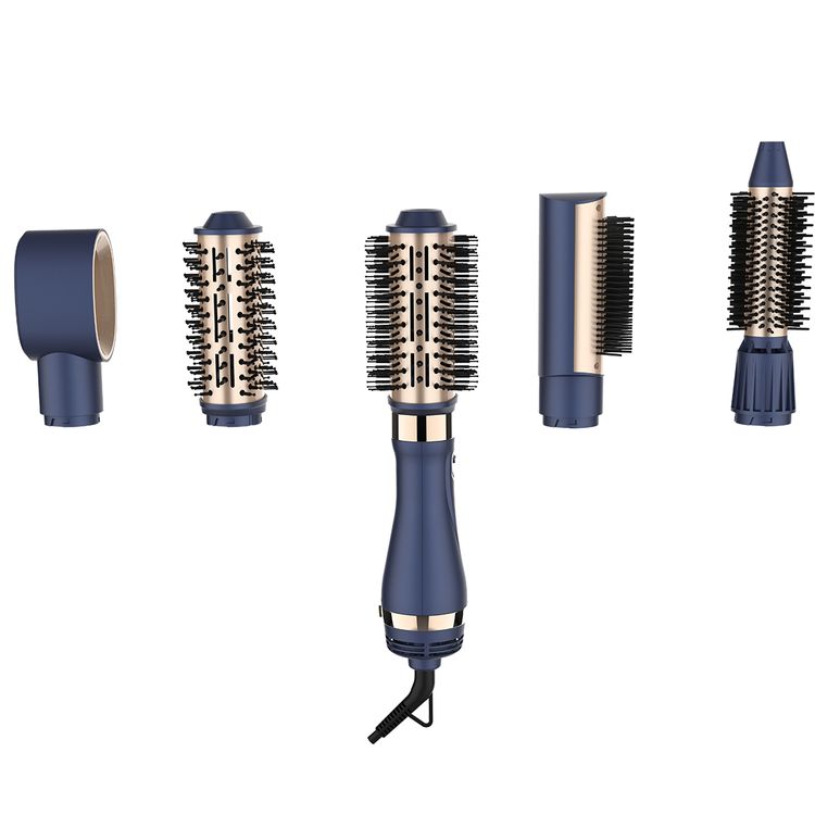 Porodo 5-in-1 Hot Air Brush Styling Set with Straightening & Curling Tools, 1000W Rated Power, 360° Swivel Cord, Adjustable Temperature Control, 3 Noise Levels, Powerful Motor - Blue / Gold