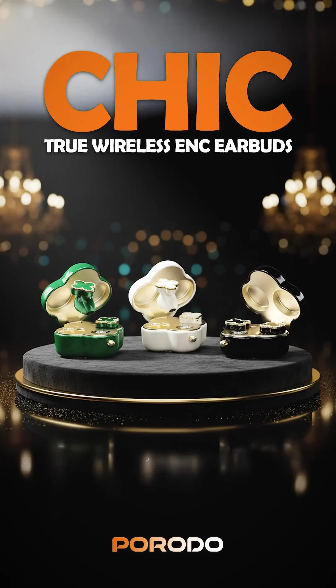 Porodo Soundtec Chic True Wireless Earbuds with ENC, Up to 4.5 Hours Working Time, Bluetooth Version 5.4, 10m Transmission Range, Omnidirectional Microphone, Immersive Audio, Ergonomic Fit, Includes 18cm Chain