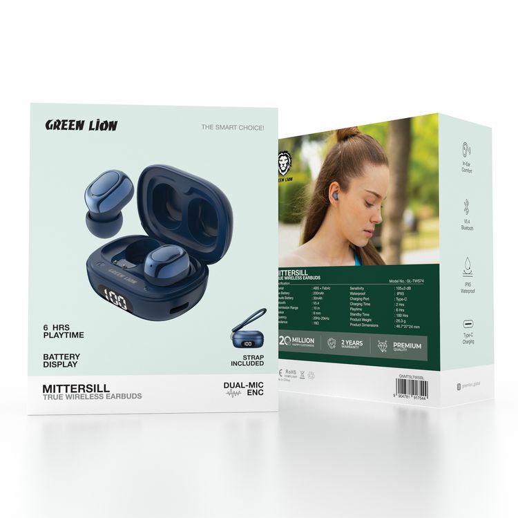 Green Lion Mittersill True Wireless Earbuds with ENC, Up to 6 Hours Playtime, IPX5 Waterproof Resistance Level, Bluetooth Version 5.4, Up to 10m Transmission Range, Type-C Charging Port, Dual-Microphone, Strap Included - Blue