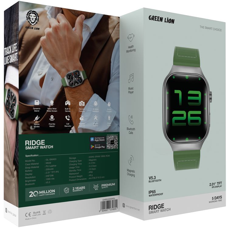 Green Lion Ridge Smart Watch with Magnetic Charging, Bluetooth Calls, Music Player, Health Monitoring, Metal Case Material, PU Leather Strap Material - Silver / Green