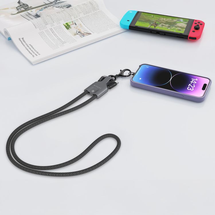 Levelo Tugo Type-C to Lightning 30W Lanyard Cable with TPE + Leather Material, 1m Cable Length, Data Transfer - Black/Gray