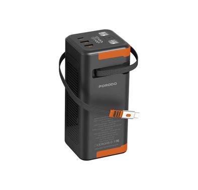 Porodo Powerboost 50000mAh Power Bank with Flashlight, Info Display, PD 20W, 70cm Retractable Type-C Cable, Type-C & Dual Type-A Ports, QC3.0 22.5W, Simultaneous Charging, Universal Compatibility - Black