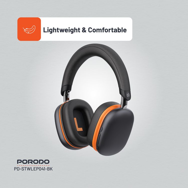 Porodo Soundtec Vibe Wireless Headphones with 36 Hours Play Time, Bluetooth Version 5.3, 2.5 Hours Charging Time, Type-C Charging Port - Black