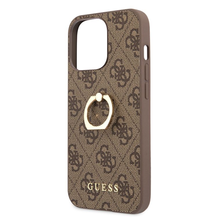 CG MOBILE Guess PU Leather 4G Case with 360° Rotating Ring Grip Holder Stand Compatible for iPhone 13 Pro (6.1") Suitable with Wireless Charging Officially Licensed - Brown