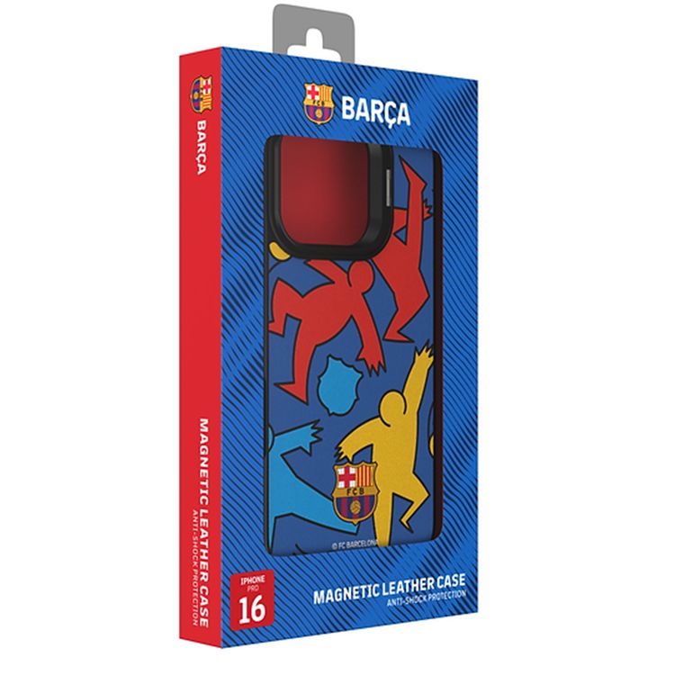 FC Barcelona Magnetic Case for iPhone 15 Pro, Premium Synthetic Leather, MagSafe Compatible, Built-in Ring Kickstand, Strong Neodymium Magnets, Shock Absorption - Silhouettes Playing