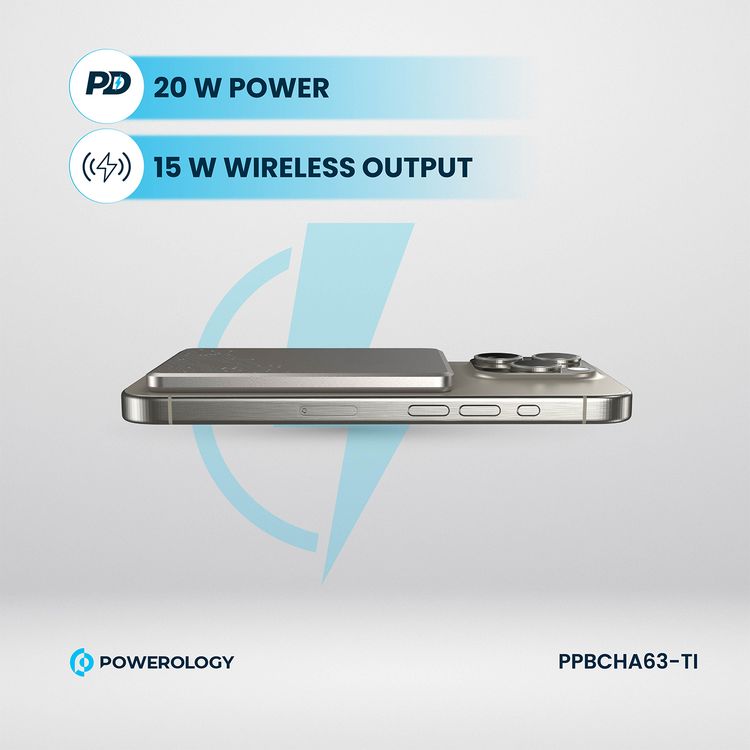 Powerology Ultra-Thin 5000mAh MagSafe Power Bank, Portable & Lightweight, Efficient Heat Dissipation, Aluminum Housing, Built-In Safeguards, Strong Magnet - Titanium