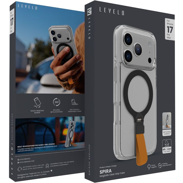 Levelo Spira MagSafe Clear Grip Case for iPhone 17 Pro Max, Strong Magnets, Horizontal & Vertical Viewing, Shock-Resistant Bumper, Anti-Scratch, 360° Rotating Metal Kickstand - Sunrise Orange