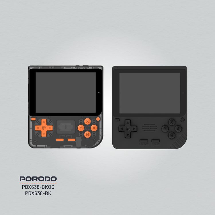 وحدة تحكم ألعاب Porodo Gaming Retro Arcade، محاكي ثلاثي الأبعاد، تصميم مريح، تشغيل صوتي غامر، شاشة IPS مقاس 3.5 بوصة، عمر بطارية 6 ساعات، بطارية 3000 مللي أمبير في الساعة - أسود / برتقالي 