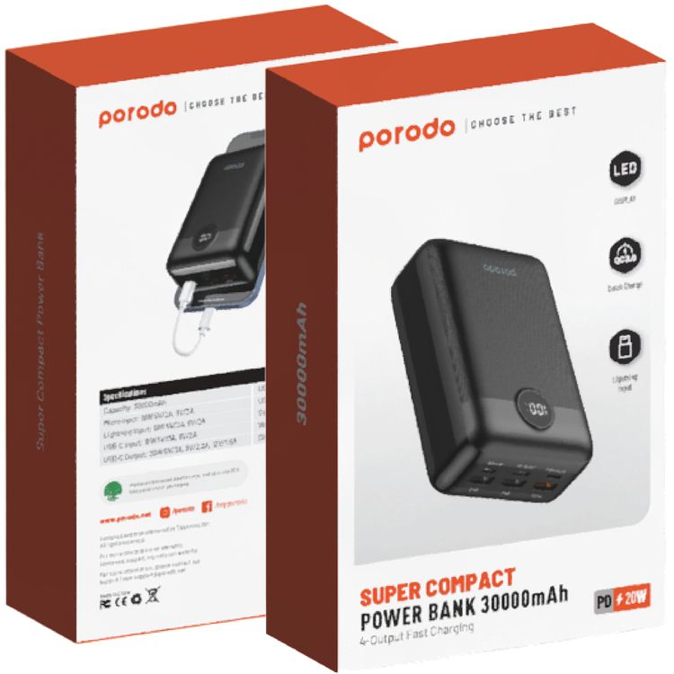 Porodo Super Compact Power Bank with 30000mAh Battery Capacity, 20W Power Delivery, Quick Charge 3.0 Technology, 4-Output Fast Charging, 22.5W USB-A QC Output - Black