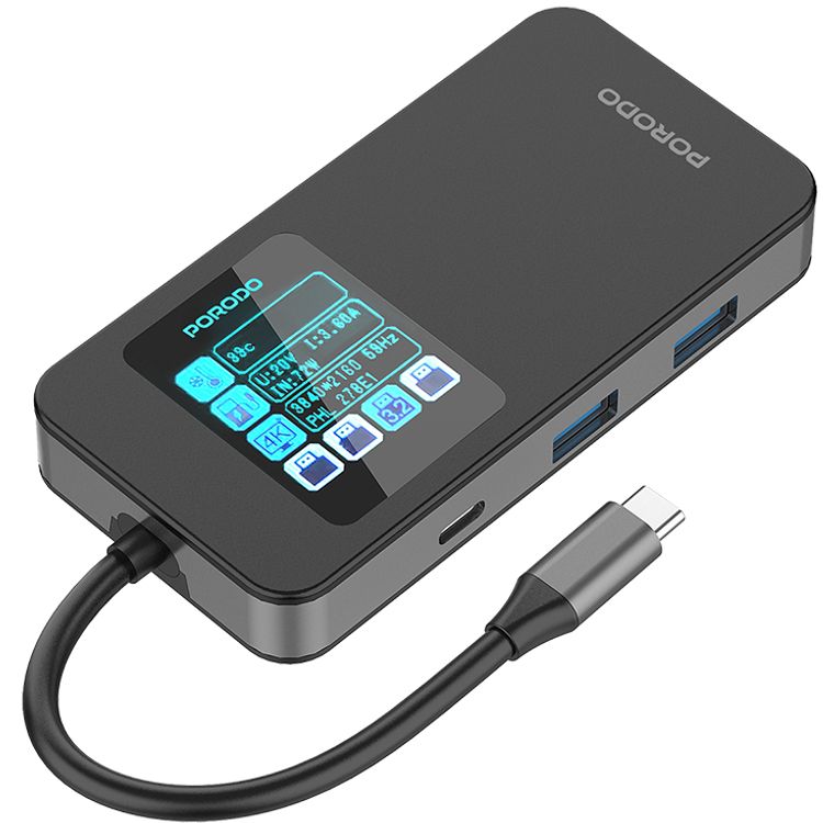 Porodo 6-in-1 Multi-Port USB-C Hub with Smart Digital Display, 150mm Cable Length, 4K@60Hz HDMI Output, 100W Power Delivery, High-Speed Data Transfer, Plug & Play Operation - Gray