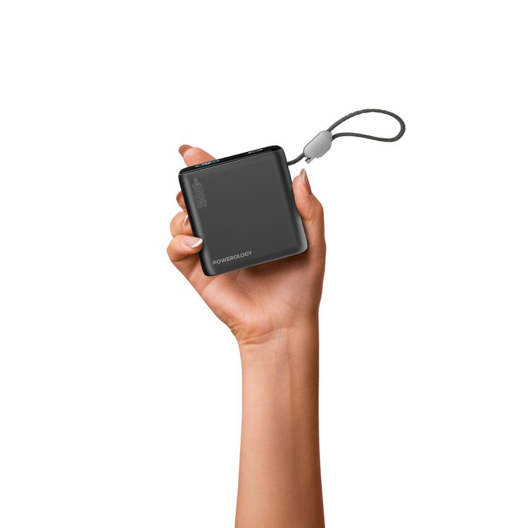 بنك الطاقة المصغر من Powerology بسعة 15000 مللي أمبير مع منافذ شحن متعددة، توافق عالمي، ميزات أمان متقدمة، شاشة تي إف تي ذكية، كابل USB-C مدمج - أسود