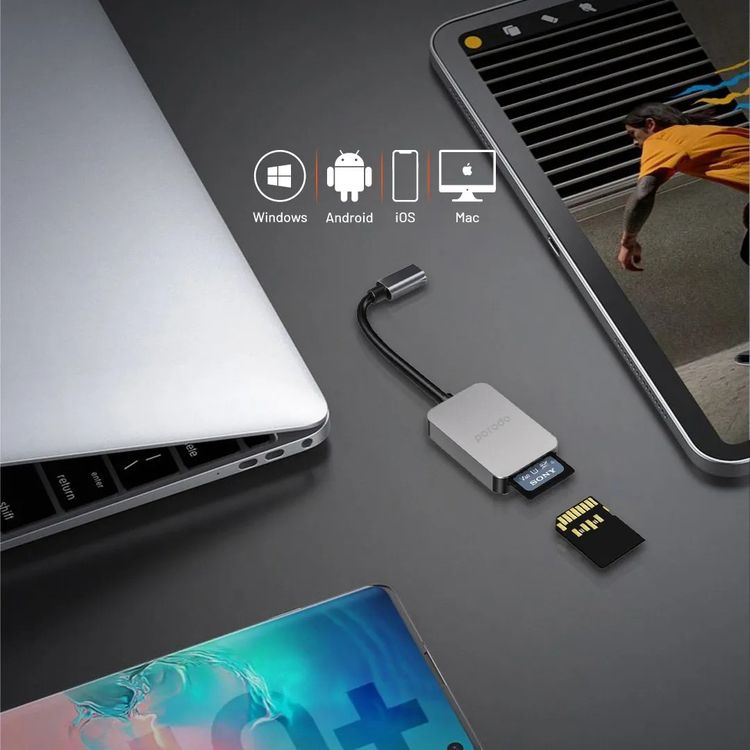 Porodo 2-in-1 USB-C Card Reader with Type-C Input, SD V4.0 & Micro SD V3.0 Super Speed Slots, 5 Gbps Data Transfer Speed, Super Lightweight and Portable - Gray 