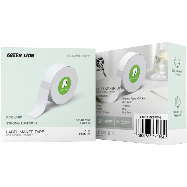 Green Lion Label Maker Tape for Thermal Printer with Self-Adhesive Sticker, 180 Labels per Roll, Water & Oil Resistant, One Roll per Package - White