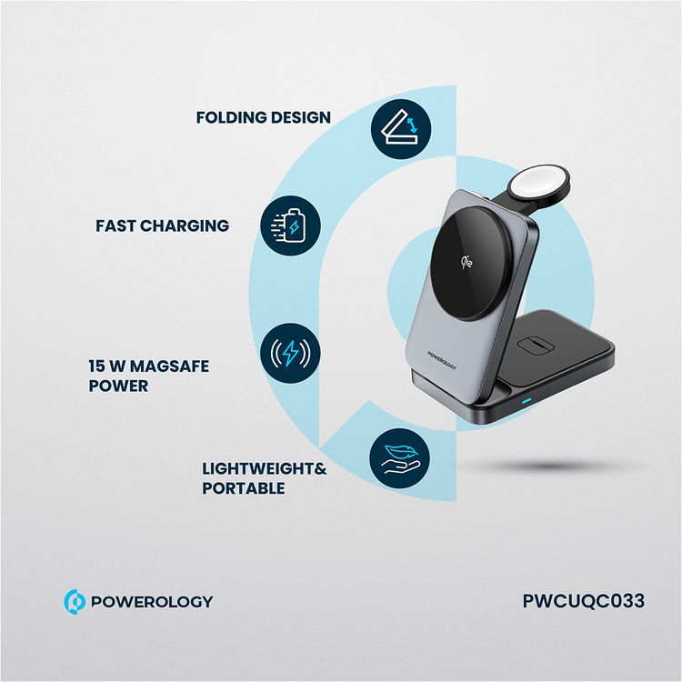 Powerology 3-in-1 Foldable Wireless Magnetic Charging Hub, Fast Charging, Multi-Device, Horizontal & Vertical View, Type-C Input Interface, Lightweight & Portable, Qi2 for iPhone 15 & 16, 15W Magsafe Power, 2.5W Watch Power, 5W Earbuds Power, 9V/3A & 12V3A Input, Foldable Design - Black