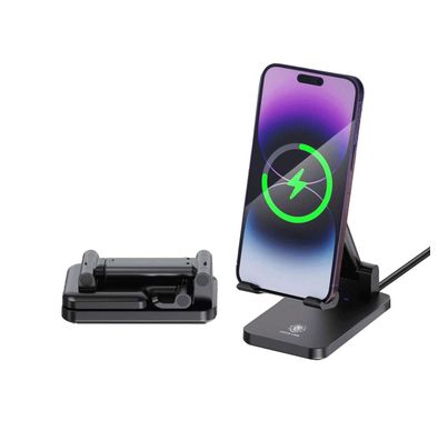 Green Lion Foldable Wireless Charging Stand with 15W Wireless Output, Type-C Interface, 3W TWS Output, Ultra-Stable, Foldable Design, Fast Wireless Charging - Black