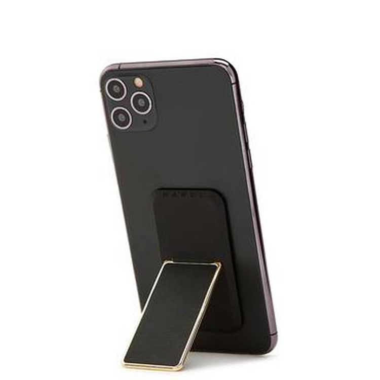 مقبض وحامل مطليان بالكهرباء من الجلد الناعم ، أزواج مع أي هاتف ذكي ، مسند متعدد الوظائف متوافق مع الشحن اللاسلكي - أسود / ذهبي