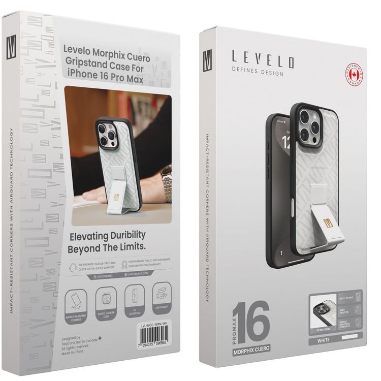 كفر حماية ليفيلو مورفيكس كويرو بمسند لهاتف آيفون 16 برو ماكس، قبضة مدمجة، سهل التركيب، زوايا مقاومة للصدمات - أبيض