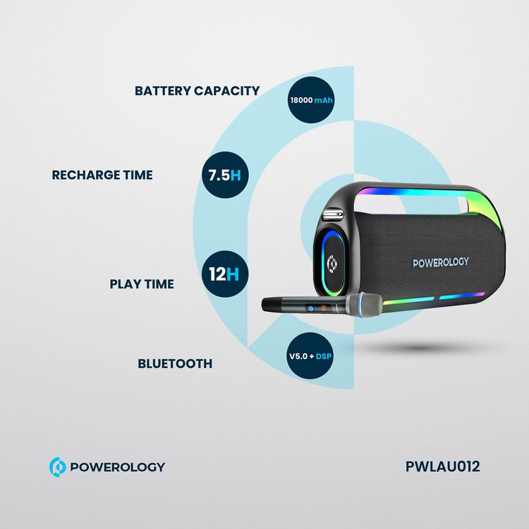 Powerology TWS Karaoke Speaker 150W with Mic and Remote, Bluetooth Version 5.0 + DSP, 18000mAh Battery Capacity, 12 Hours Working Time, 7.5 Hours Charging Time - Black