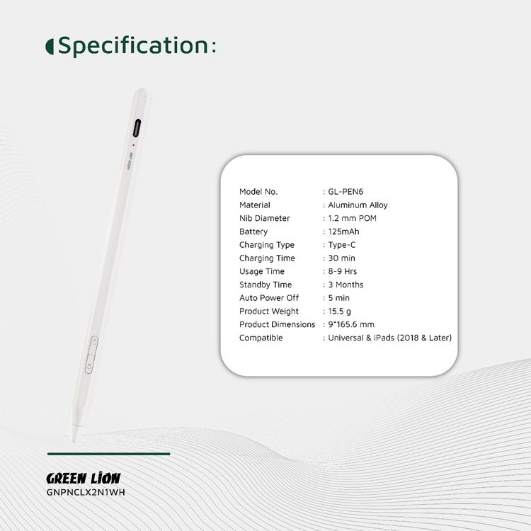 Green Lion Pencil X Universal Pen with LED Indicator, Dual System Support, 1.2mm POM Nib, 125mAh Battery, 8-9 Hours Usage Time, 5 Minutes Auto Power Off Function, Replaceable Tip, Magnetic Attachment - White