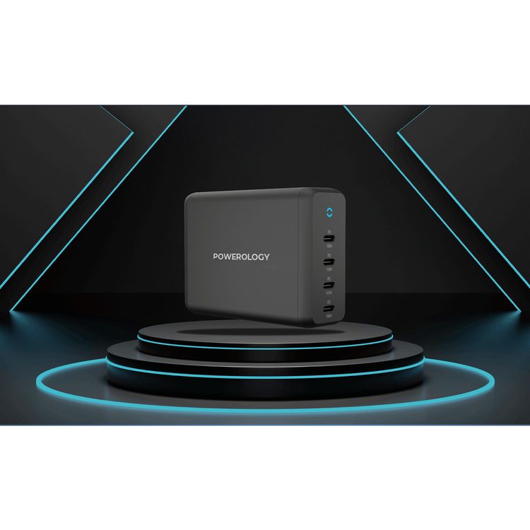 Powerology 165W GaN Desktop Charger with 4 USB-C PD Ports, Overload Protection, 100W Power Delivery, UK 3-pin Plug, 0%-60% Charge in 35 Minutes - Black