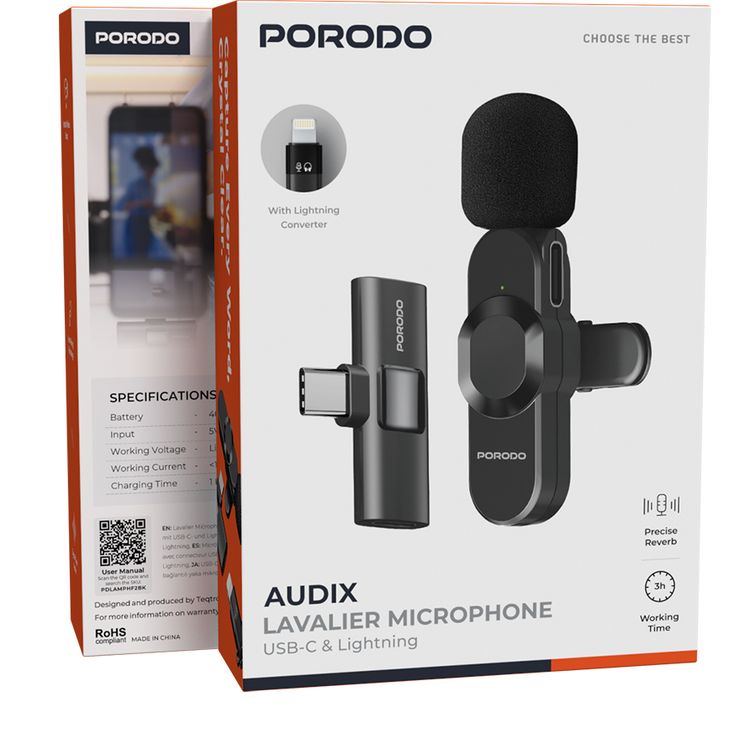 Porodo Audix Lavalier Microphone with Type-C & Lightning Connectoer, Up to 3 Hours Working Time, 1 Hour Charging Time, 40mAh Battery Capacity, Instant Wireless Setup, Auto Pairing Technology, Precise Reverb - Black