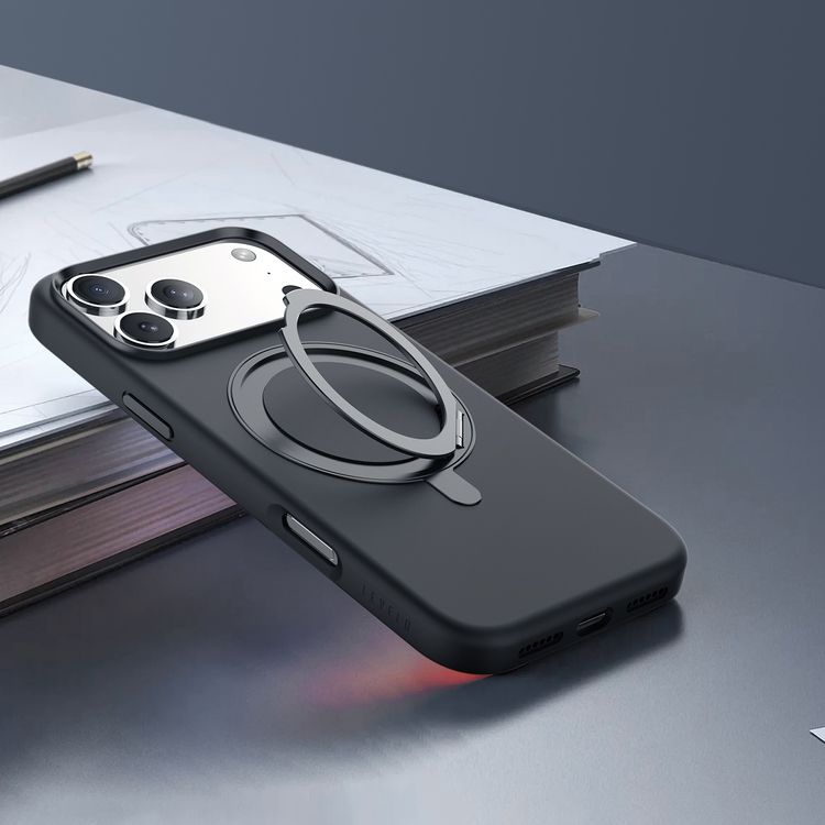 Levelo Iris Pro MagSafe Liquid Silicone Case with Built-in 360° Kickstand for iPhone 17 Pro, Metal Accents, Shock-Resistant Bumper, Aluminum Alloy Frame for Camera & Buttons, Drop-Tested, Strong Magnets, Premium Silicone Grip - Black