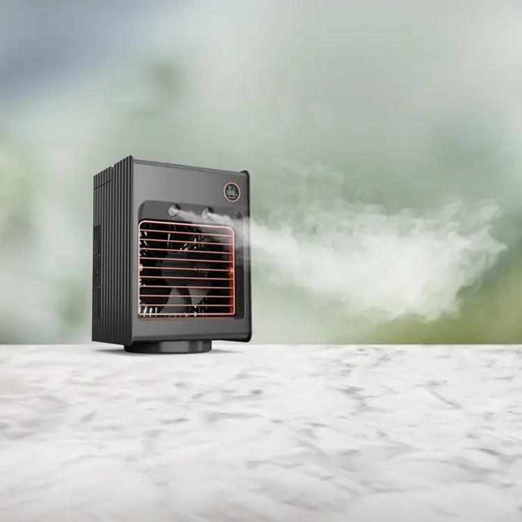 Porodo Lifestyle Air & Mist Portable Cooling Fan with Night Light and Oscillation, 4000mAh Battery Capacity,  Digital Display, Compact & Portable, Dual Mist Outlet, Type-C Charging Port, Ice Cube Tray Included - Gray 