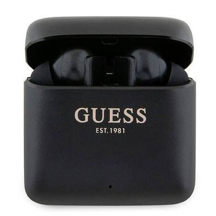 Guess Satined Finish True Wireless Earbuds with Touch Controls, Voice Assistant Support, Multiple Sizes of Silicone Ear Tips, Passive Noise Isolation, 6mm Driver Size, 300mAh Charging Case Battery - Black