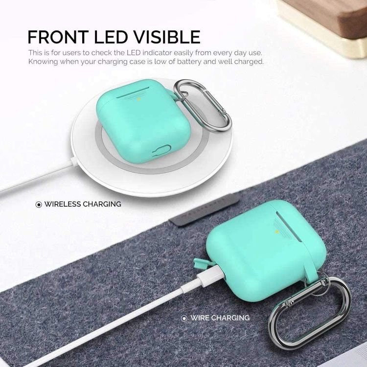 AhaStyle Keychain Silicone Case with Anti-Lost Ring for AirPods 1/2 Generation, Drop Resistant, Dustproof and Absorbing Protective Cover with Hang Case Mint Green