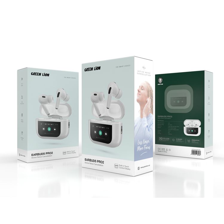 Green Lion TouchTone Earbuds with Active Noise Cancellation, Wireless Charging, Type-C Charging, Built in Toch Control Display, IPX5  Water Resistance Level - White