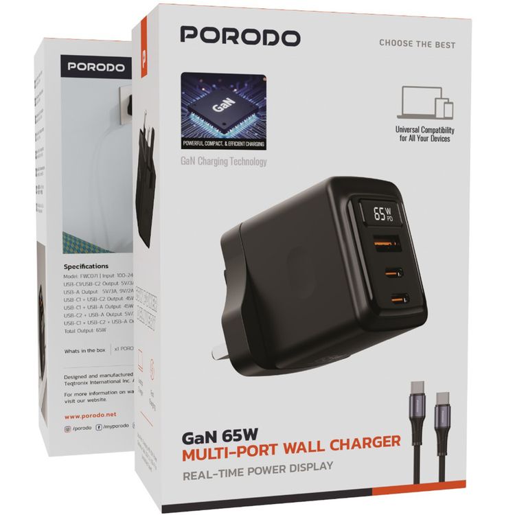 Porodo GaN Wall Charger with USB-C to USB-C Cable, Single USB-A & Dual USB-C Ports, 65W Power Delivery, Built-in Safeguards, Fast Charge Support, Multiple Device Charging, Digital Display - Black