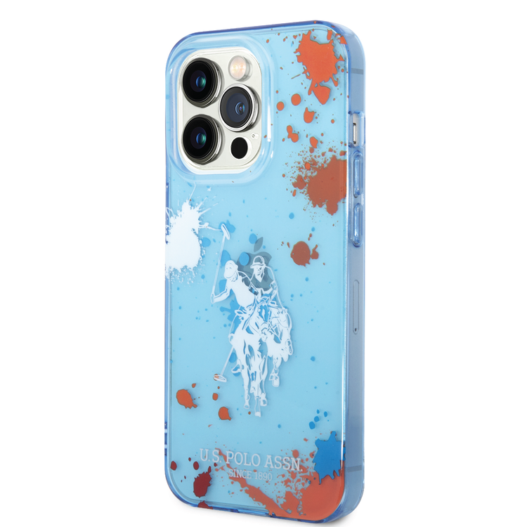 USPA PC/TPU Case with Splatter Pattern & Horse Logo iPhone 14 Pro Compatibility - Blue