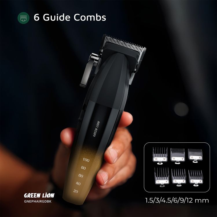 Green Lion Edge Pro Hair Clipper with 9100RPM Motor, Taper Lever, Ergonomic Design, 6 Guide Combs, Battery Indicator, 2500mAh Battery Capacity, Type-C Charging - Gold / Black