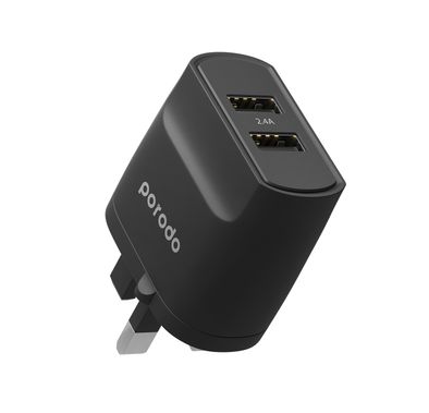 Porodo Blue Dual Port Wall Charger 2.4A with Fireproof Material, UK 3-Pin Plug, Overheat Protection, Overheat Protection, 100-240V Input - Black