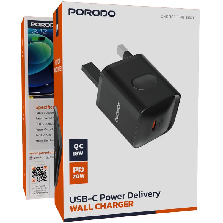 Porodo USB-C Power Delivery Wall Charger, PD 20W, UK Plug, Over-Heat Protection, Reliable Companion, Simultaneous Charging - Black