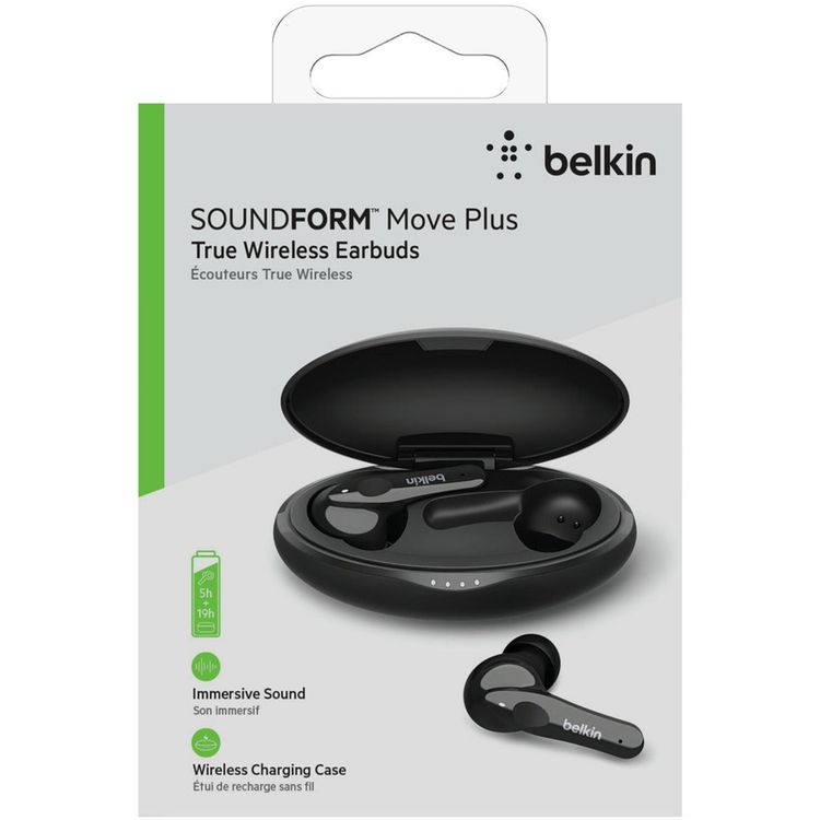 Belkin SOUNDFORM Move Plus True Wireless Earbuds with Wireless Charging Case, Touch Control, Take Calls with Either Earbud, 3 Sizes Ear Tips, IPX5 Waterproof Rating, 6mm Driver Size, Lightweight - Black 