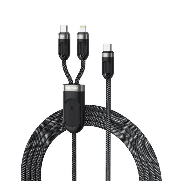 كابل الشحن السريع من Porodo بنوع Type-C وLightning مع واجهة إدخال Type-C، يدعم الشحن المتزامن، متوافق عالميًا، قوة خرج Lightning تصل إلى 12 واط، مصنوع من مادة خارجية مضفرة - لون أسود.