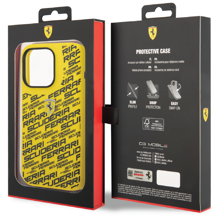 Ferrari Liquid Silicone Case All Over Printed Scuderia iPhone 14 Pro Compatibility - Yellow