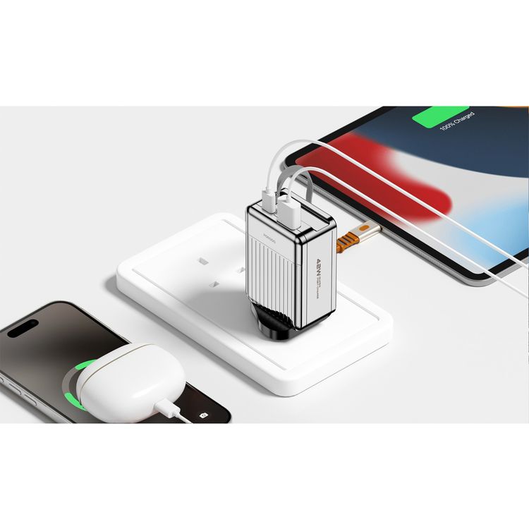 Porodo Super Quick GaN Charger with 75cm Retractable Type-C Cable, 42W Power Delivery, Simultaneous Charging, 22.5W USB-A Output, Built-in Safeguards - Silver