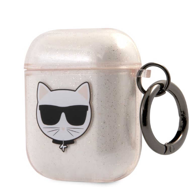CG Mobile Karl Lagerfeld TPU Glitter Printed Embossed Choupette with Ring Case Compatible with AirPods 1 & 2, Scratch & Drop Protection Cover Officially Licensed - Gold