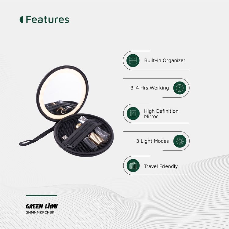 حقيبة مكياج صغيرة من جرين ليون مع منظم مدمج، حتى 4 ساعات عمل، سطوع قابل للتعديل، سعة البطارية 800mAh، 36 خرزة LED، مرآة LED - أسود
