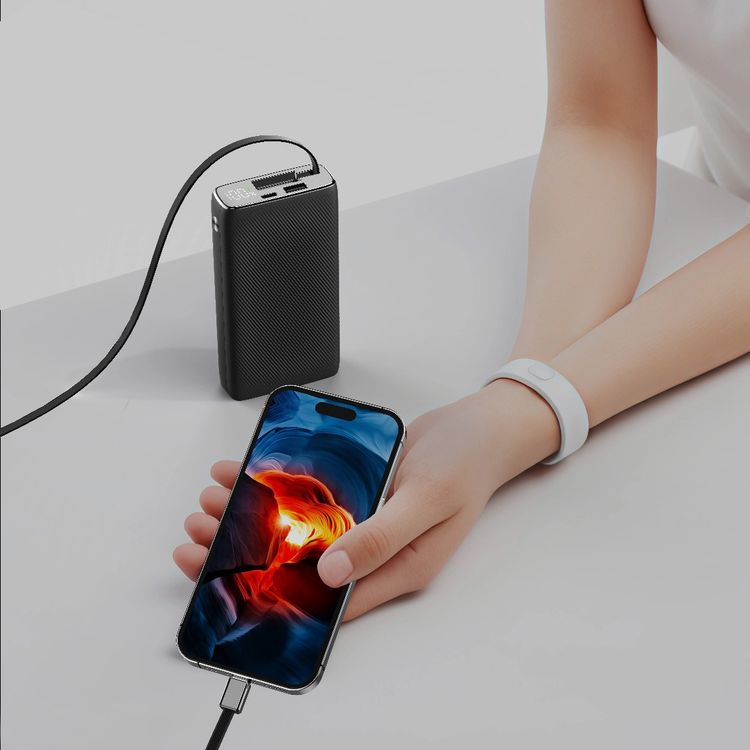 Powerology 20000mAh Power Bank, 35W Max Power, 70cm Retractable Type-C Cable, 3-Device Charging, USB-C Output & Input, 22.5W USB-A Output, Built-in Safeguards - Black