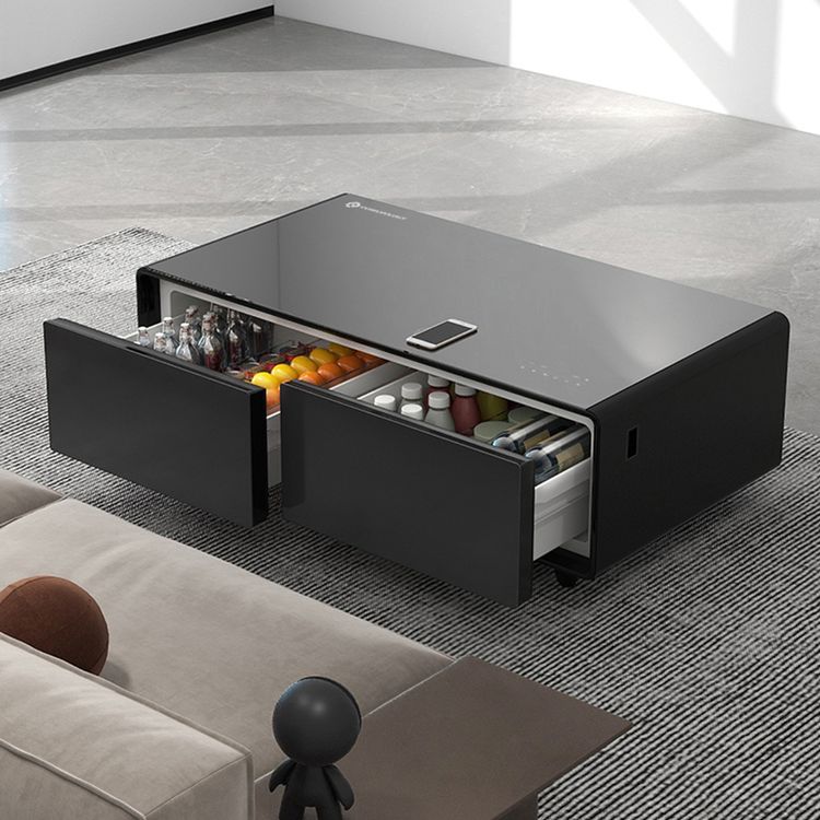 Powerology 135L Coffee Table Fridge with LED Display, 2 Drawers, Wireless Charging, Quiet Operation,  Compact Design, USB and Type-C Charging Port, Glass Top - Black