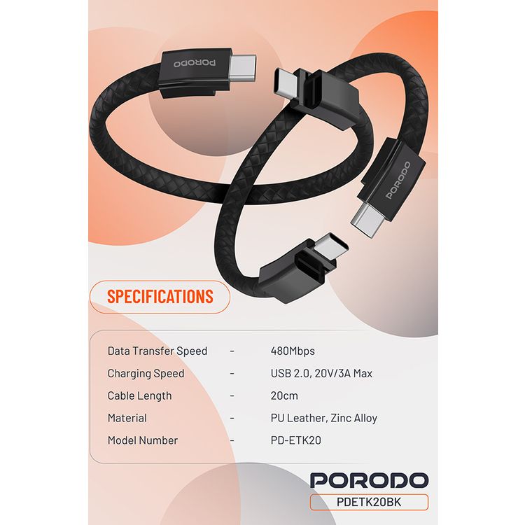 Porodo USB-C to USB-C Wristband Cable with Magnetic Steel Clasp, 60W Power Delivery, 480Mbps Data Transfer Speed, Wearable Design, 20cm Cable Length, PU Leather & Zinc Alloy Material - Black