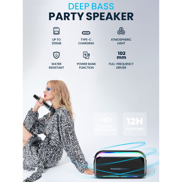 Powerology TWS Karaoke Speaker 150W with Mic and Remote, Bluetooth Version 5.0 + DSP, 18000mAh Battery Capacity, 12 Hours Working Time, 7.5 Hours Charging Time - Black