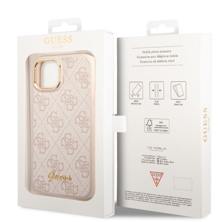 Guess PC/TPU 4G PU Case with Metal Camera Outline & Buttons iPhone 14 Compatibility - Pink